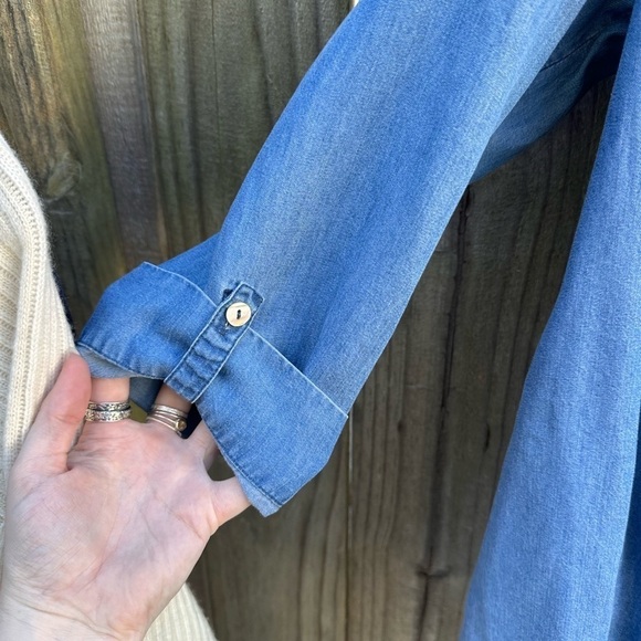 Soft Surroundings Washed Tencel Chambray Asymmetrical Button Front Blouse - Picture 5 of 9